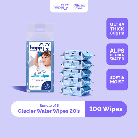 Hoppi Glacier Luxury Water Wipes (20 Wipes x 5 packs) Water from French Alps