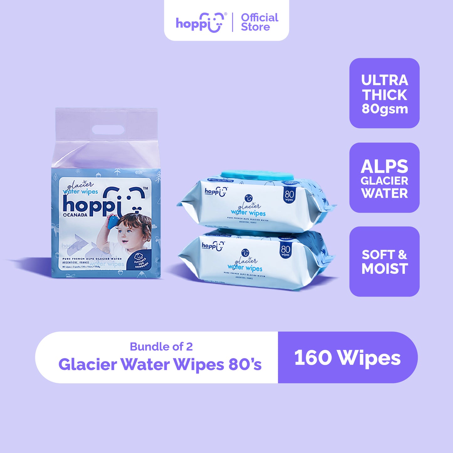 Hoppi Glacier Luxury Water Wipes (80 Wipes x 2 packs) Water from French Alps