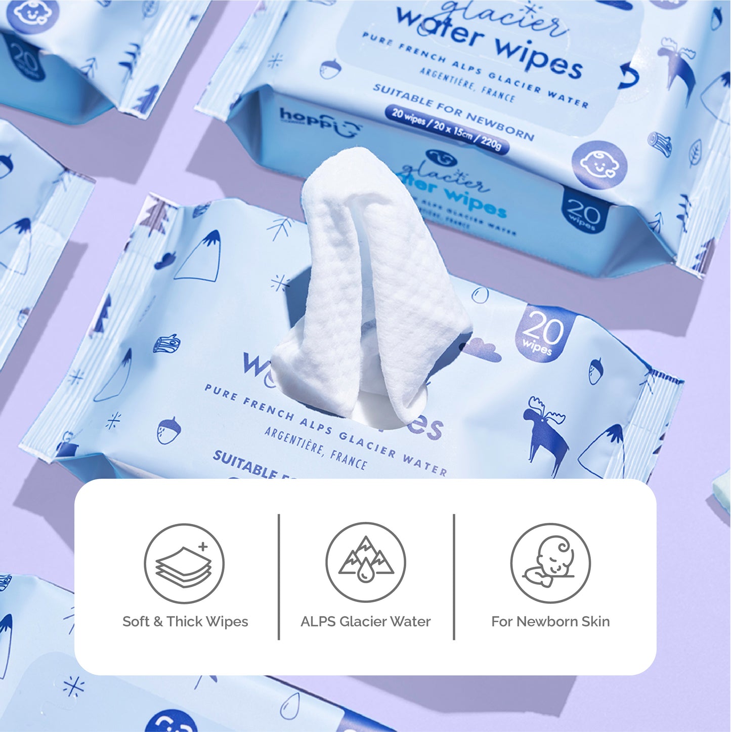Hoppi Glacier Luxury Water Wipes (20 Wipes x 5 packs) Water from French Alps