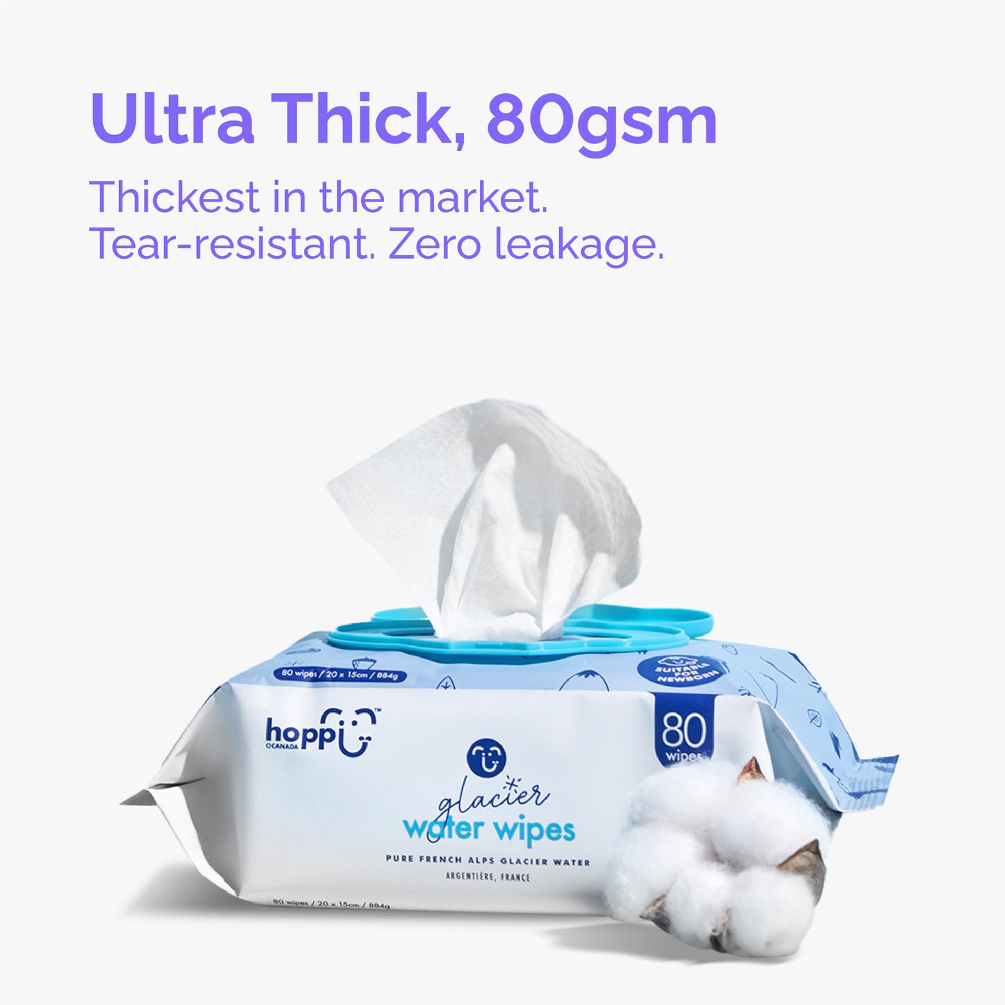 Hoppi Glacier Luxury Water Wipes (20 Wipes x 5 packs) Water from French Alps