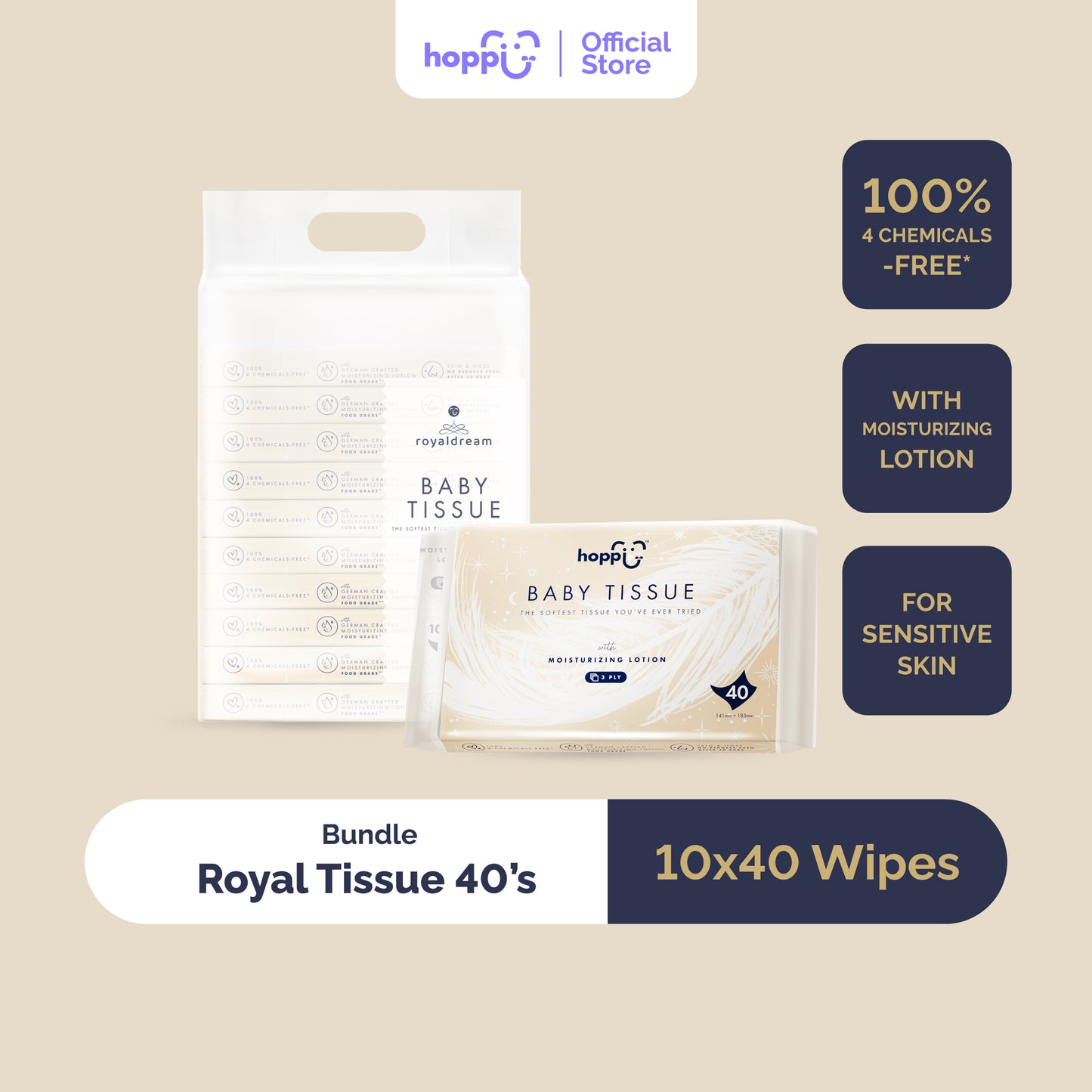 Hoppi RoyalDream Baby Tissue (40 Wipes x 10 Packs)
