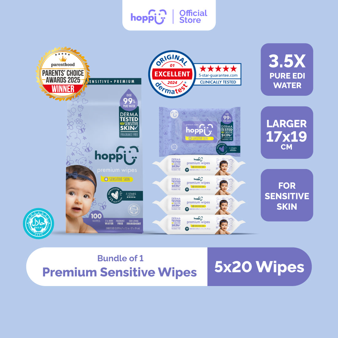 Hoppi Premium Wipes Dermatologically Tested (20 Wipes x 5 Packs)